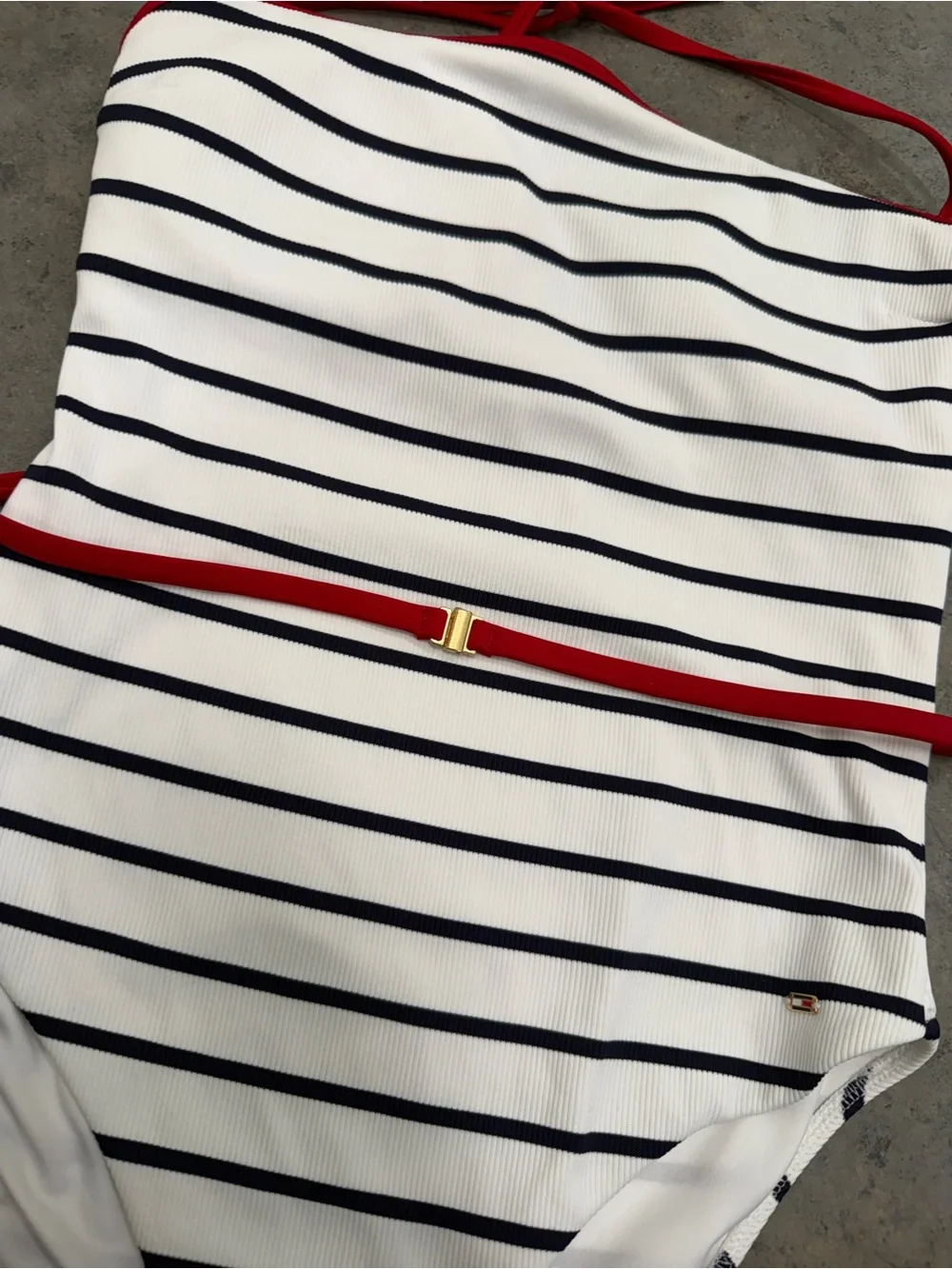 Tommy Hilfiger White and Navy Striped One-Piece Swimsuit with Red Trim/ Belt